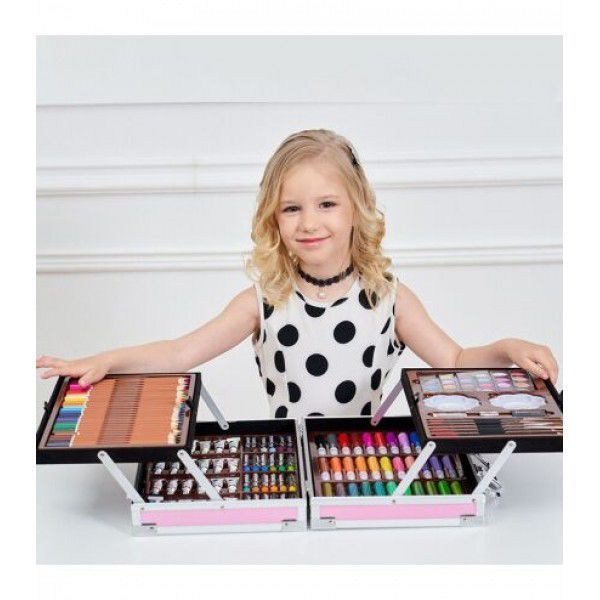 Набір для творчості в алюмінієвій валізі Єдиноріг 145 предметів, блакитний чемодан для малювання дитячий кейс юний художник. Колір: рожевий 190201 фото
