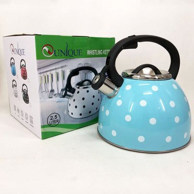 Чайник із свистком для газової плити Unique UN-5301 2,5л горошок. Колір: блакитний 298694 фото