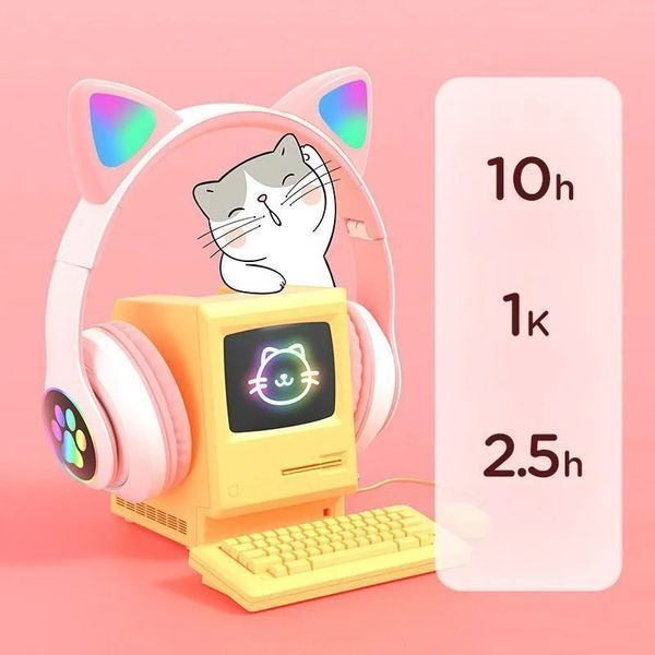 Беспроводные наушники с кошачьими ушками и RGB подсветкой Cat VZV 23M. Цвет: розовый 286000 фото