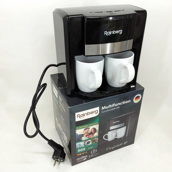 Кавоварка краплинна Rainberg RB-613 (0,3 л, 500 Вт) з двома керамічними чашками, маленька кофемашина 365790 фото