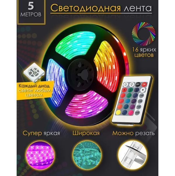 Светодиодная лента SMD 5050 RGB LED 5 м IP65 с bluetooth wifi контролем. USB подключение 173759 фото