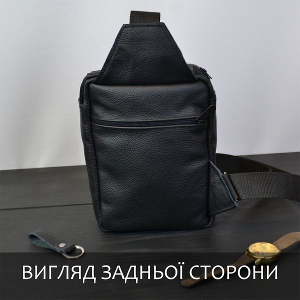 Сумка чоловіча - шкіряна, нагрудна сумка слінг шкіряна чорна на 3 кишені 382794 фото