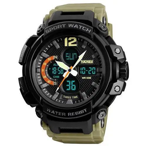 Часы наручные мужские SKMEI 1343KH KHAKI, водостойкие тактические часы. Цвет: хаки 339855 фото