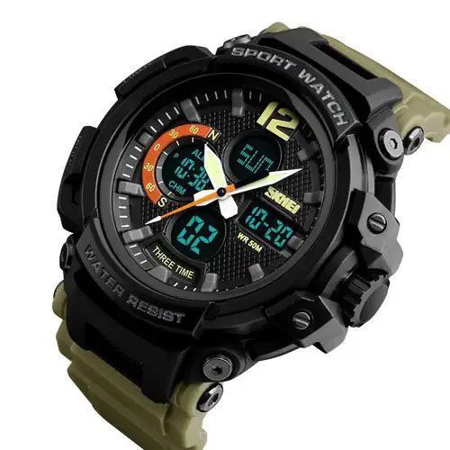 Часы наручные мужские SKMEI 1343KH KHAKI, водостойкие тактические часы. Цвет: хаки 339855 фото