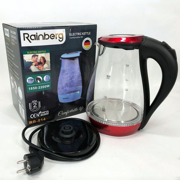 Чайник електричний скляний Rainberg RB-914. Колір: червоний 266155 фото